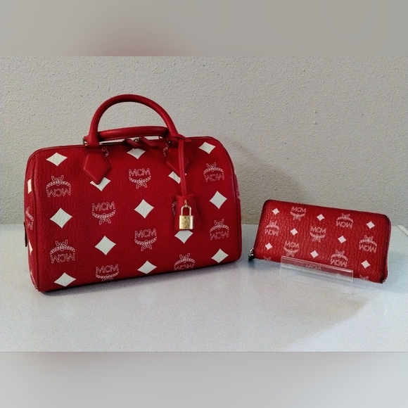 MCM Handbags - MCM Limited Edition Red And White Visetos Satchel With The Matching Wallet